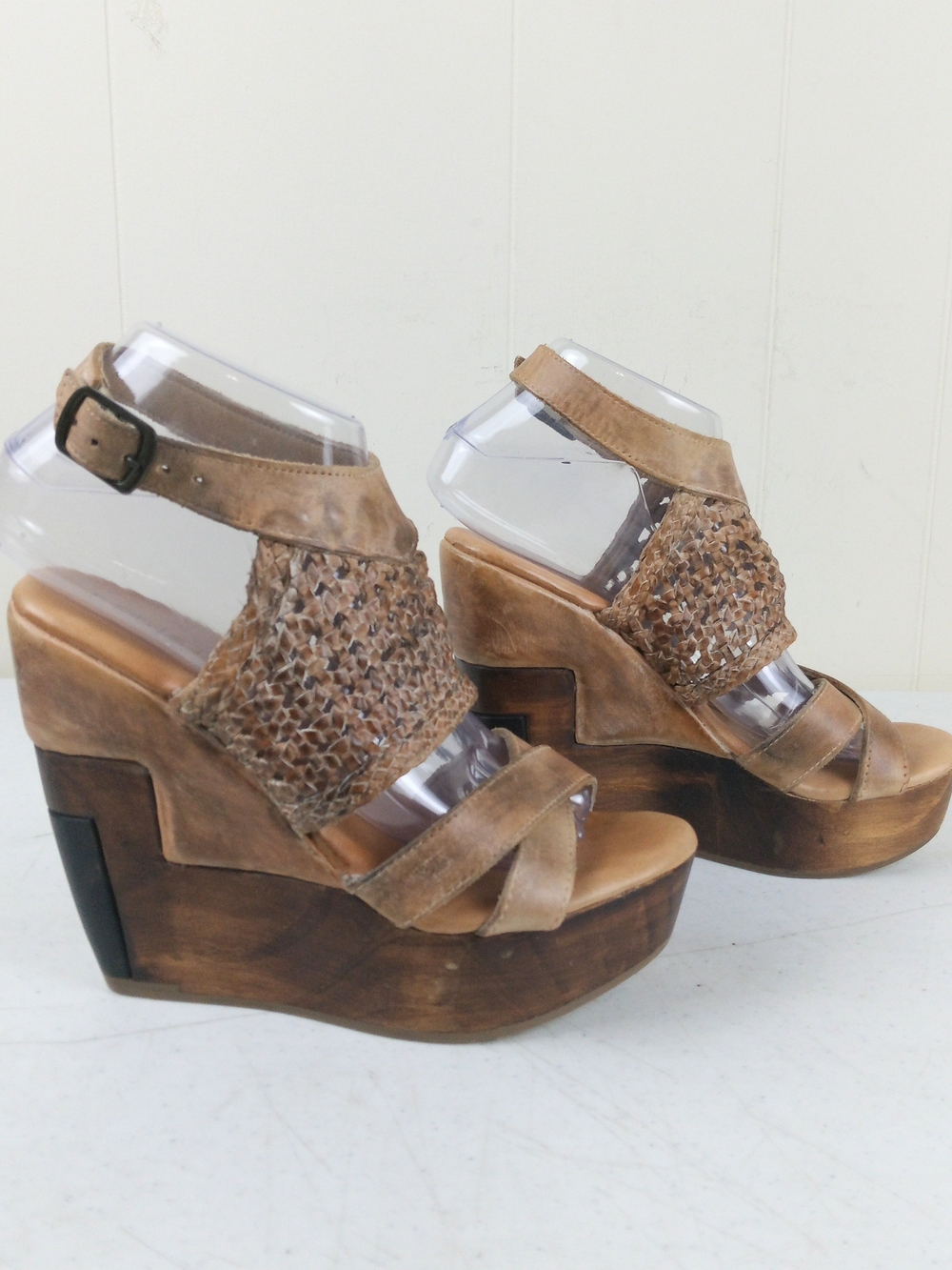 Bed Stu Brown Woven Leather Platform Wedge Sandals Women Size 7 Wood Heels Boho